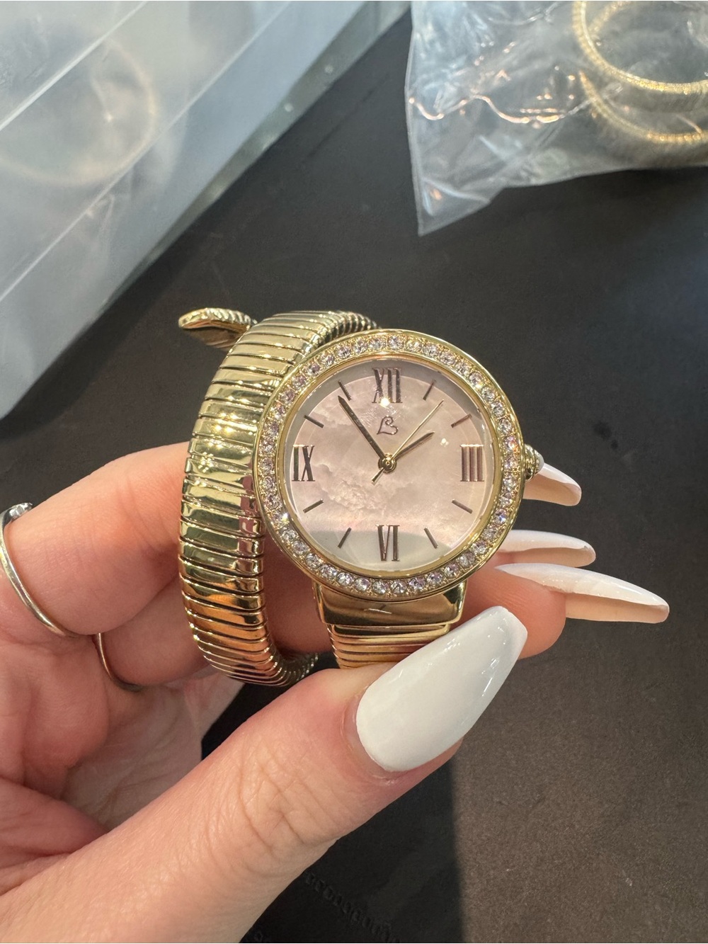 Colleen Lopez Gold-Tone Coil Wrap Watch with Rhinestone Bezel and White Dial